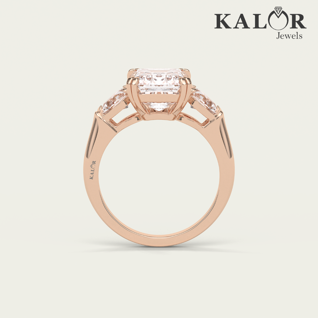 4.64 TCW Regal Splendor Emerald cut three stones Moissanite Engagement Ring with Pear cut Side Stones