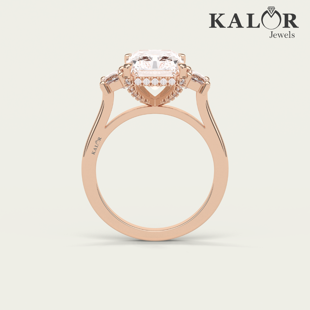 5.1 TCW Ocean Radiance Radiant cut hidden three stones Moissanite Engagement Ring with Half Moon cut&round cut Side Stones