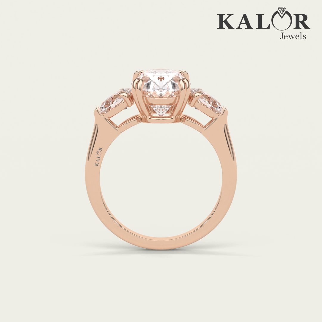 5.15 TCW Timeless Allure Oval cut three stones Moissanite Engagement Ring with Pear cut Side Stones