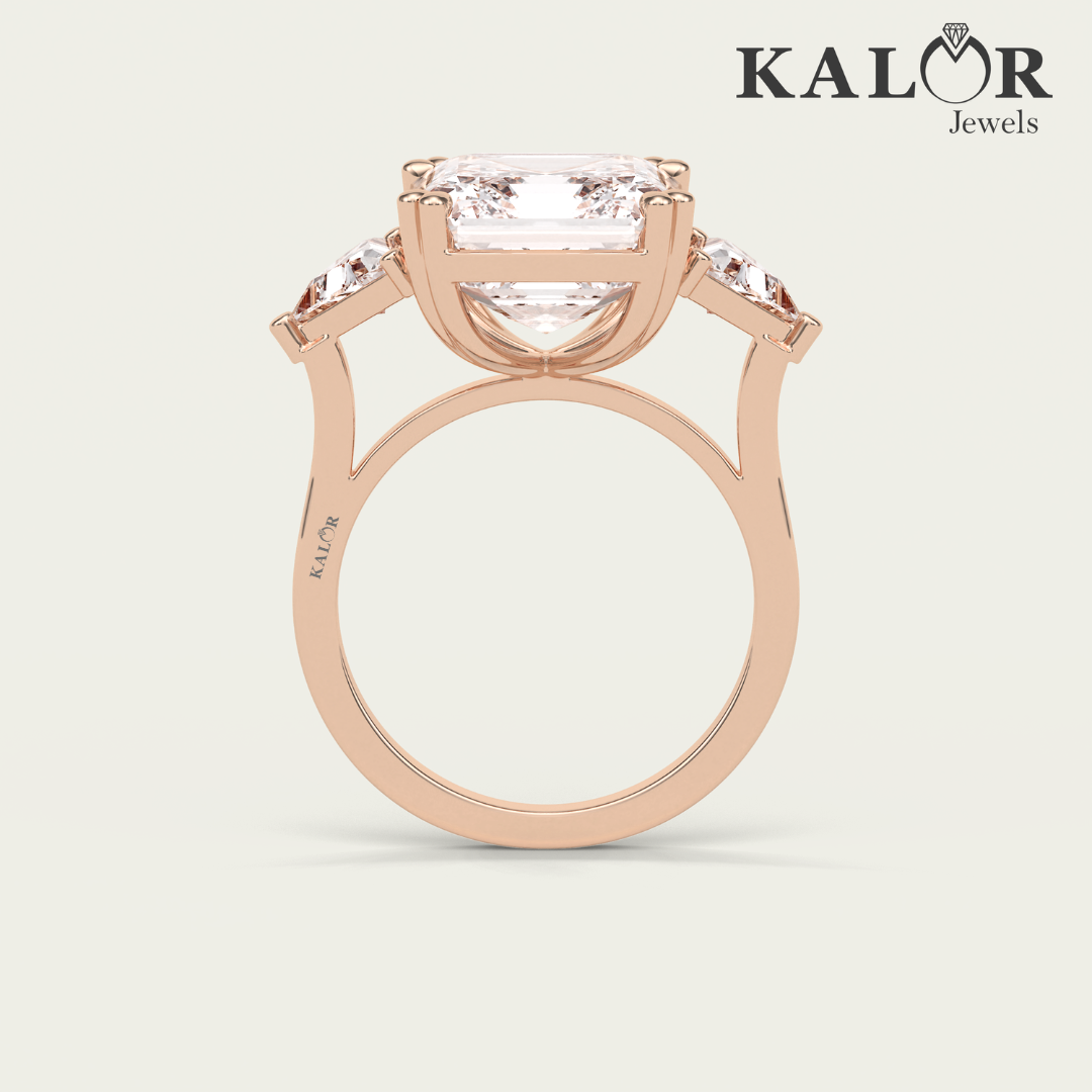 7.35 TCW Regal Brilliance Radiant cut three stone Moissanite Engagement Ring with Triangle cut Side Stones