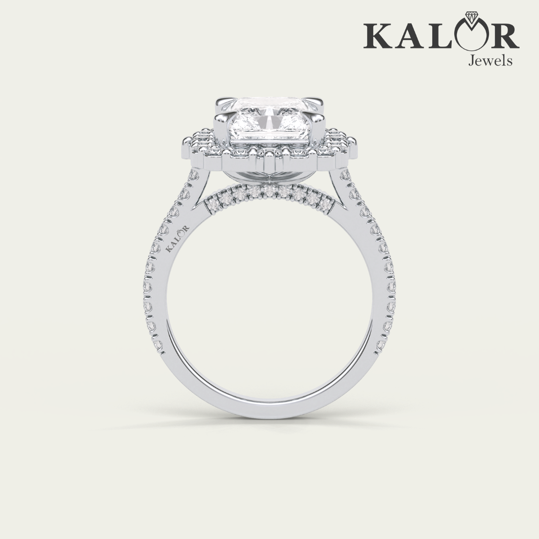 4.16 TCW Radiant Elegance Radiant Cut halo pave Moissanite Engagement Ring with Round cut Side Stones