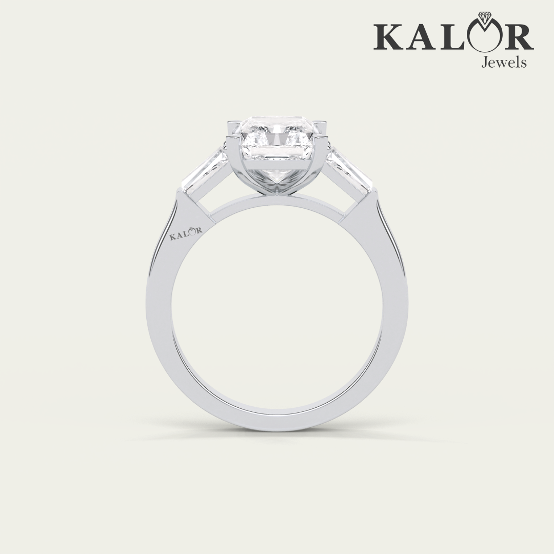 2.75 TCW Radiant Sparkle Radiant Cut three stones Moissanite Engagement Ring with Taper Baguette cut Side Stones