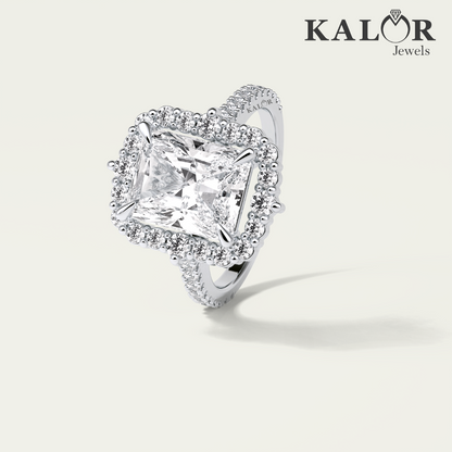 4.16 TCW Radiant Elegance Radiant Cut halo pave Moissanite Engagement Ring with Round cut Side Stones