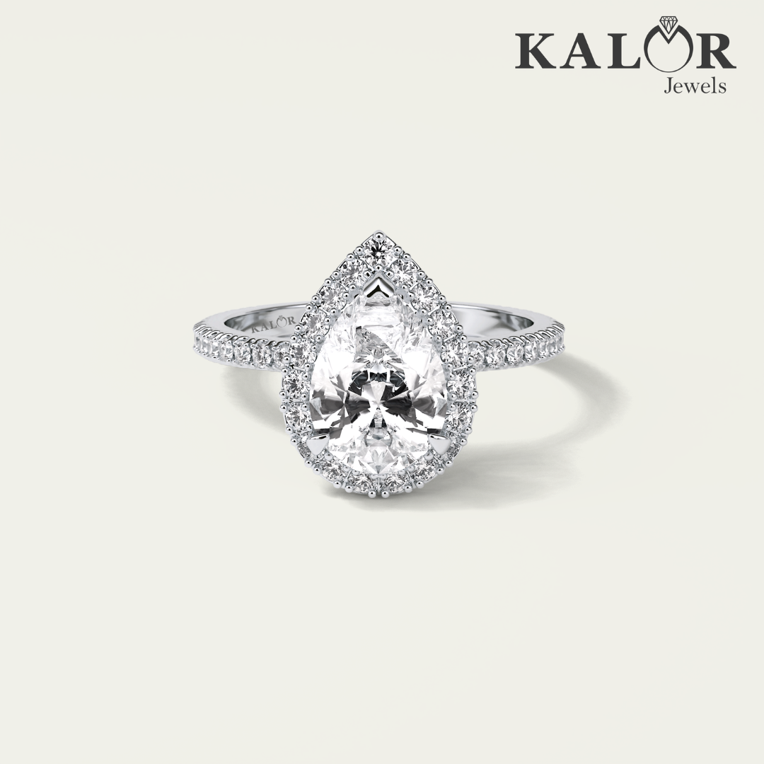 2.31 TCW Eternal Passion Pear cut halo & pave Moissanite Engagement Ring with Round cut Side Stones