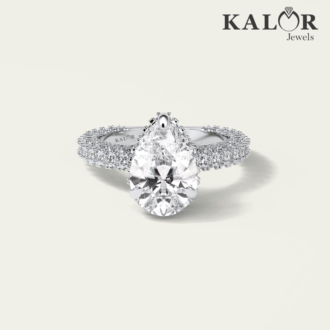 4.59 TCW Dazzling Love Pear cut halo pav Moissanite Engagement Ring with Round cut Side Stones