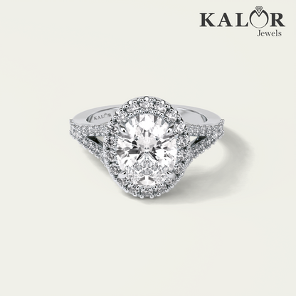 3.5 TCW Radiant Elegance Oval cut halo pave set Moissanite Engagement Ring with Round cut Side Stones