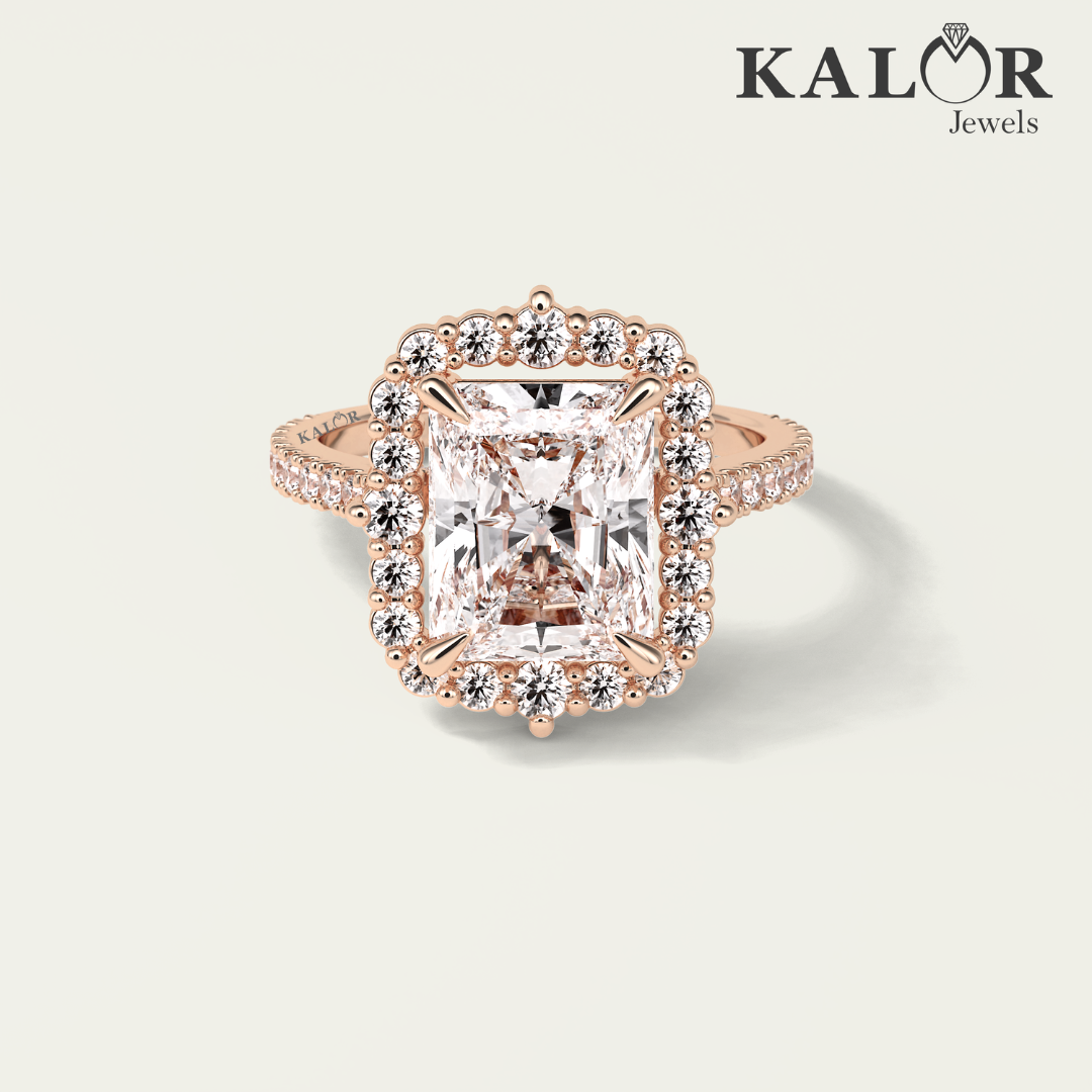 4.16 TCW Radiant Elegance Radiant Cut halo pave Moissanite Engagement Ring with Round cut Side Stones