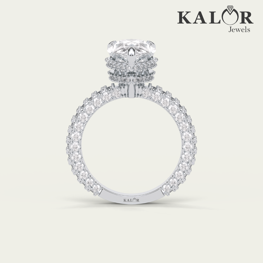 4.59 TCW Dazzling Love Pear cut halo pav Moissanite Engagement Ring with Round cut Side Stones