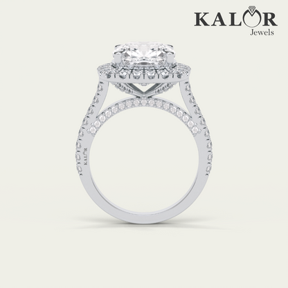 4.82 TCW Cushion Couture Cushion Cut halo pave Moissanite Engagement Ring with Round cut Side Stones