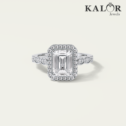 1.94 TCW Elegant Allure Emerald cut halo&pave Moissanite Engagement Ring with Round cut Side Stones