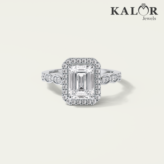 1.94 TCW Elegant Allure Emerald cut halo&pave Moissanite Engagement Ring with Round cut Side Stones