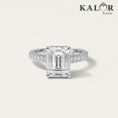 4.59 TCW Eternal Elegance Emerald cut hidden halo pave Moissanite Engagement Ring with round cut side stones